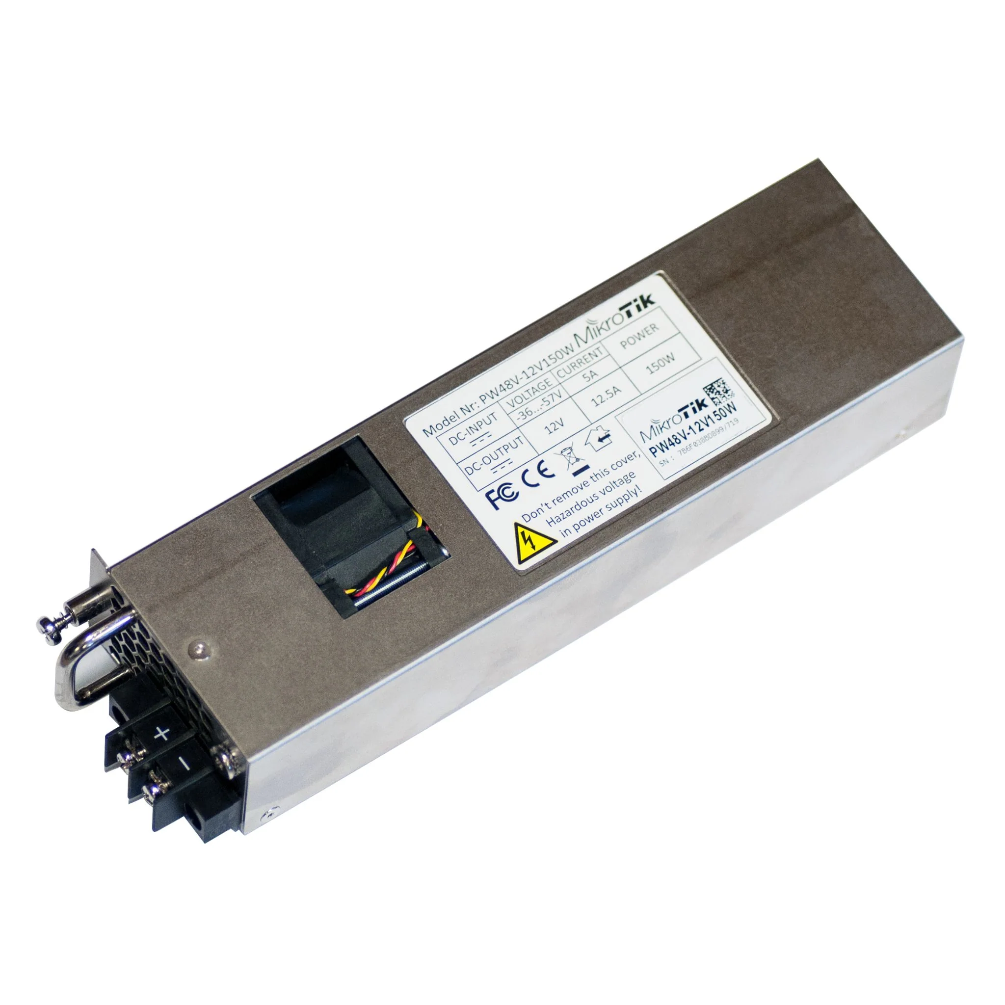 MikroTik Hot Swap -48V DC telecom power supply for CCR1072, CCR2216 and CRS518. Supported input Voltage -36 .. -57V.